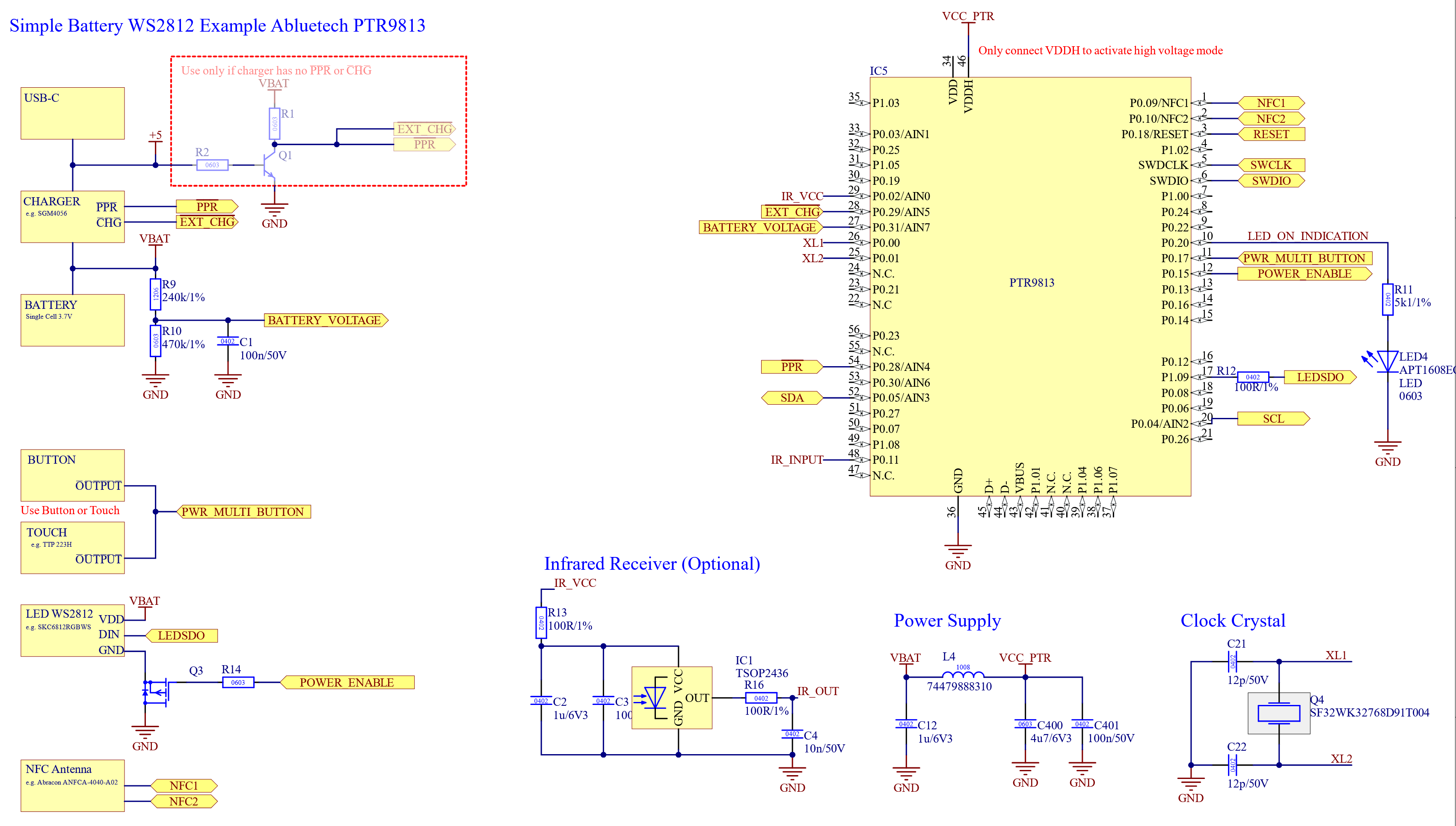 Core WS2812 hardware example using PTR9813 with battery charger and voltage measurement